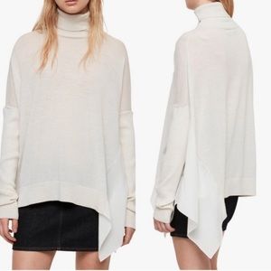 All Saints Alda asymmetrical turtle neck sweater. 100% merino wool.
